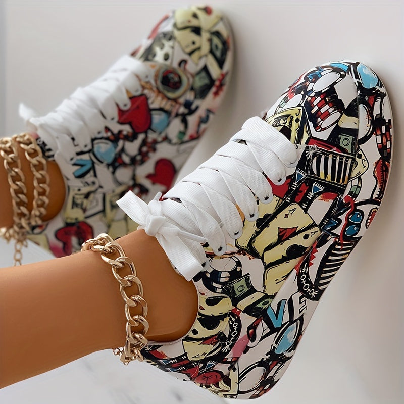 Women's Lace-Up Low-Top Sneakers - Thick Platform Sole for Stability & Height - Non-Slip MD Outsole - Bold Black/Red/White Graffiti Print - Synthetic Leather Upper - Skateboarding, Streetwear, Everyday Shoes - All-Season Wome