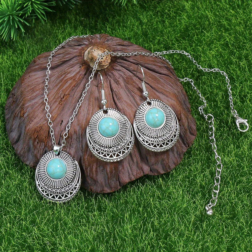 1 Pair Earrings/1 Pair Earrings+1pc Necklace, Retro Ethnic Style Women's Jewelry Set Round Antique Silvery Pendant Geometric Totem Inlaid With Simulated Green Rhinestones Embellished Earrings And Necklace Set