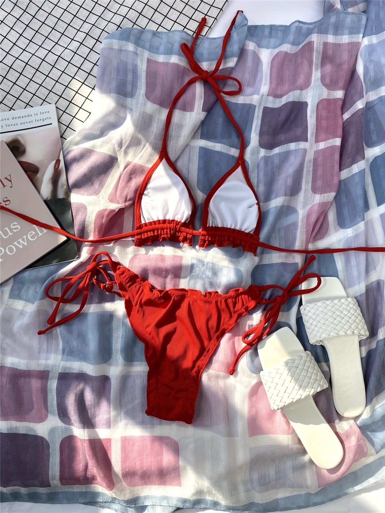Two Piece High Cut Triangle Halter Neck Lace Up Bikini Sets - Sleek Medium Stretch Polyester Swimsuit with Spandex - Solid Color, Sleeveless, No Belt, Thong Bottom, Knit Fabric, Perfect for Swimming