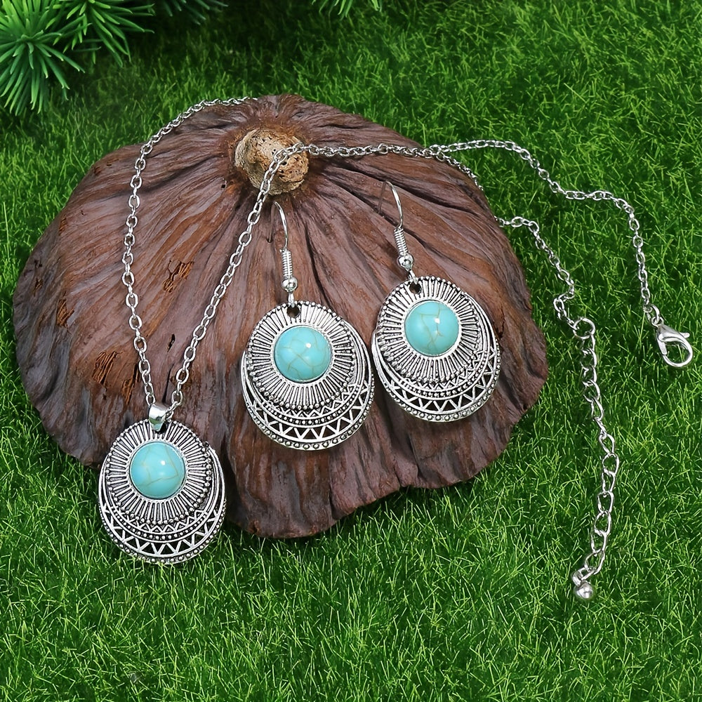 1 Pair Earrings/1 Pair Earrings+1pc Necklace, Retro Ethnic Style Women's Jewelry Set Round Antique Silvery Pendant Geometric Totem Inlaid With Simulated Green Rhinestones Embellished Earrings And Necklace Set