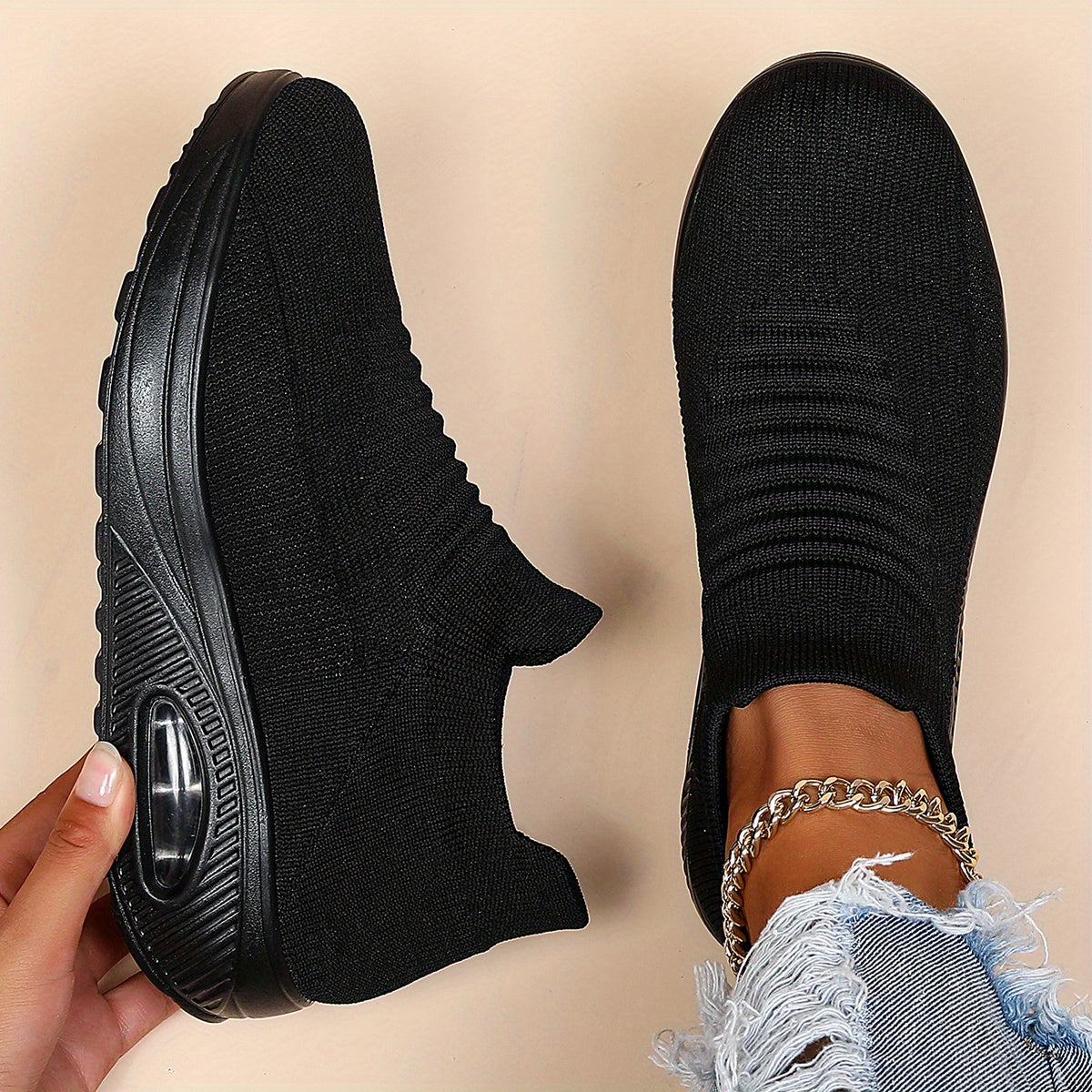 Women's Air Cushion Sneakers, Breathable Round Closed Toe Low Top Slip On Shoes, Women's Casual Knitted Shoes
