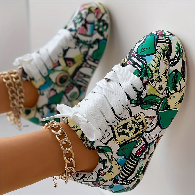 Women's Lace-Up Low-Top Sneakers - Thick Platform Sole for Stability & Height - Non-Slip MD Outsole - Bold Black/Red/White Graffiti Print - Synthetic Leather Upper - Skateboarding, Streetwear, Everyday Shoes - All-Season Wome