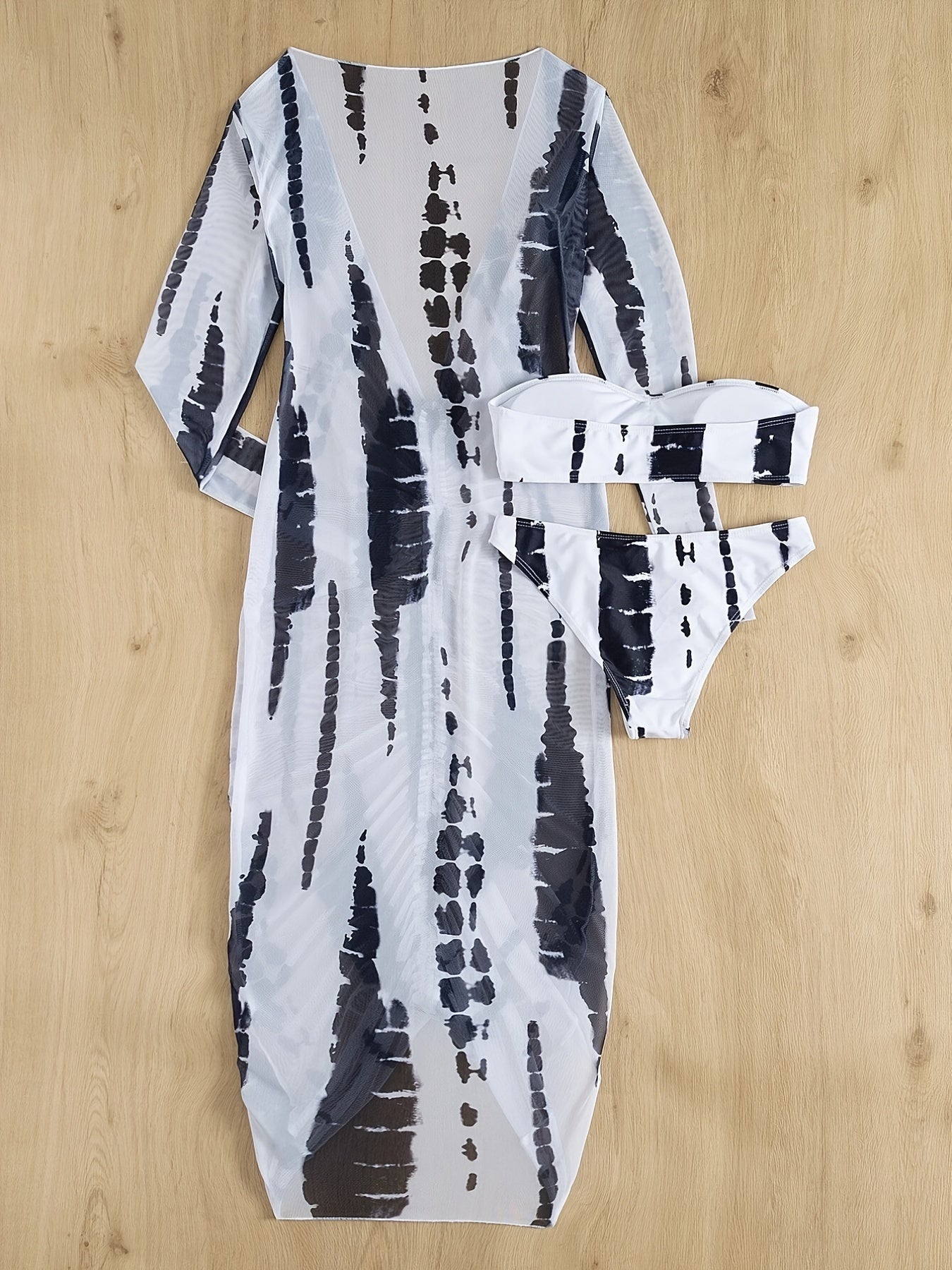 3-piece Tie Dye Bandeau Bikini Sets, Strapless Tube Top With Long Sleeve Open Up Top Long Cover Up Dress, Women's Swimwear & Clothing