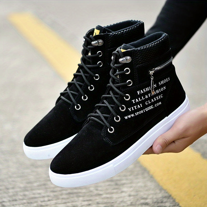 Mens British Style Canvas High-top Sneakers - Lace-up Closure, Casual All-Match, Trendy Design with Decorative Zippers