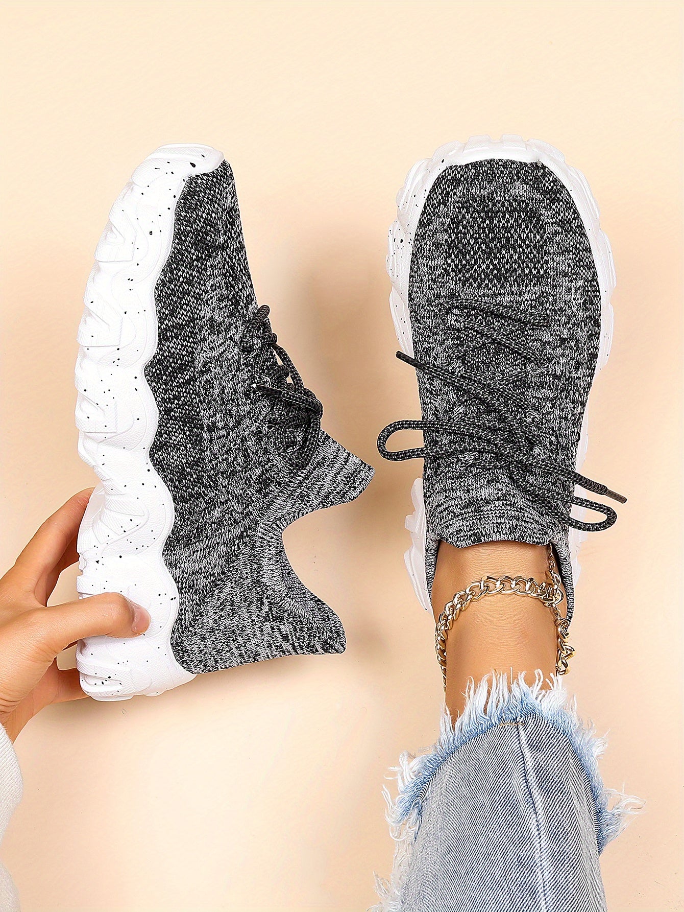 [Breathable Fabric Women's Socks Sneakers] Women's Breathable Fabric Socks Sneakers, Flying Woven Lace-Up Chunky Sneakers, Elastic Running Shoes
