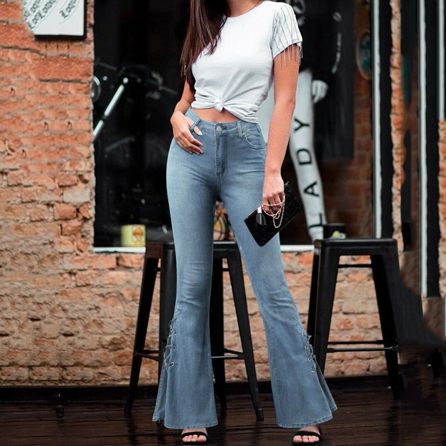 Lace Up Side Bell-Bottom Jeans, Stretchy Mid-Rise Boot Cut Flared Leg Jeans, Women's Denim Jeans, Women's Clothing