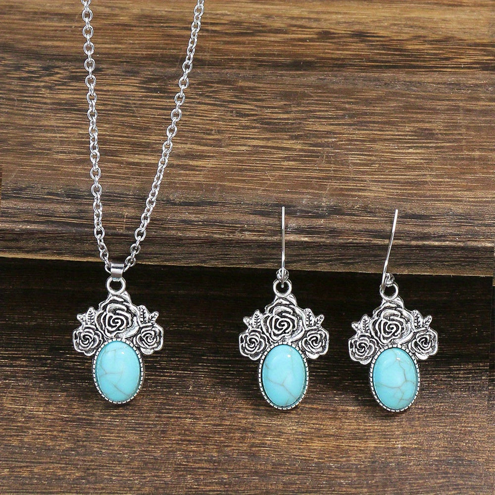 1 Pair Earrings/1 Pair Earrings+1pc Necklace, Retro Ethnic Style Women's Jewelry Set Round Antique Silvery Pendant Geometric Totem Inlaid With Simulated Green Rhinestones Embellished Earrings And Necklace Set