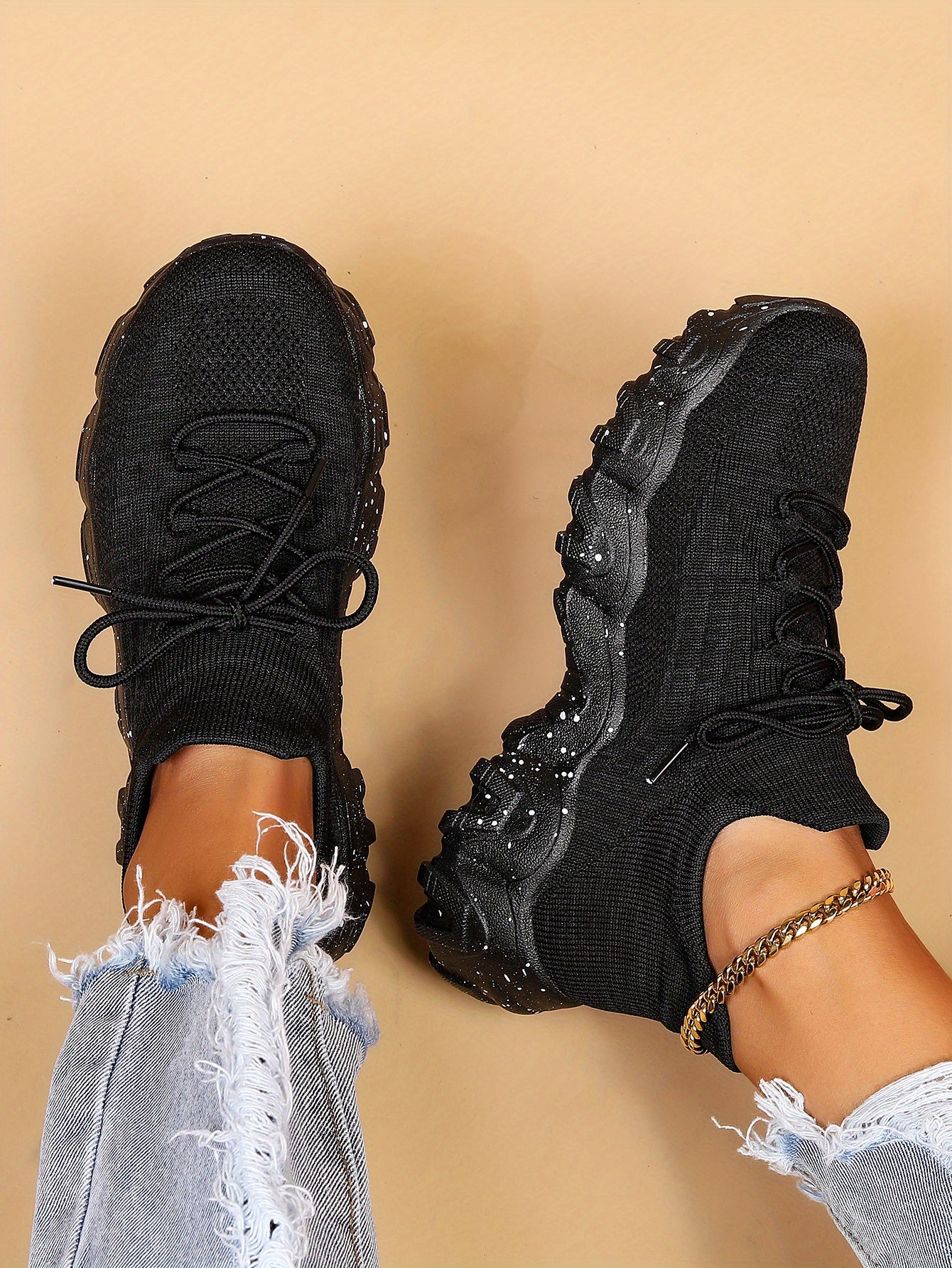 [Breathable Fabric Women's Socks Sneakers] Women's Breathable Fabric Socks Sneakers, Flying Woven Lace-Up Chunky Sneakers, Elastic Running Shoes