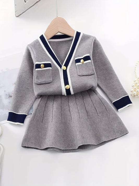 Girl's Preppy Style 2pcs, Cable Knit Cardigan & Skirt Set, Button Decor V-neck Long Sleeve Top, Elegant Casual Outfits, Kids Outdoor Clothes For Spring Autumn