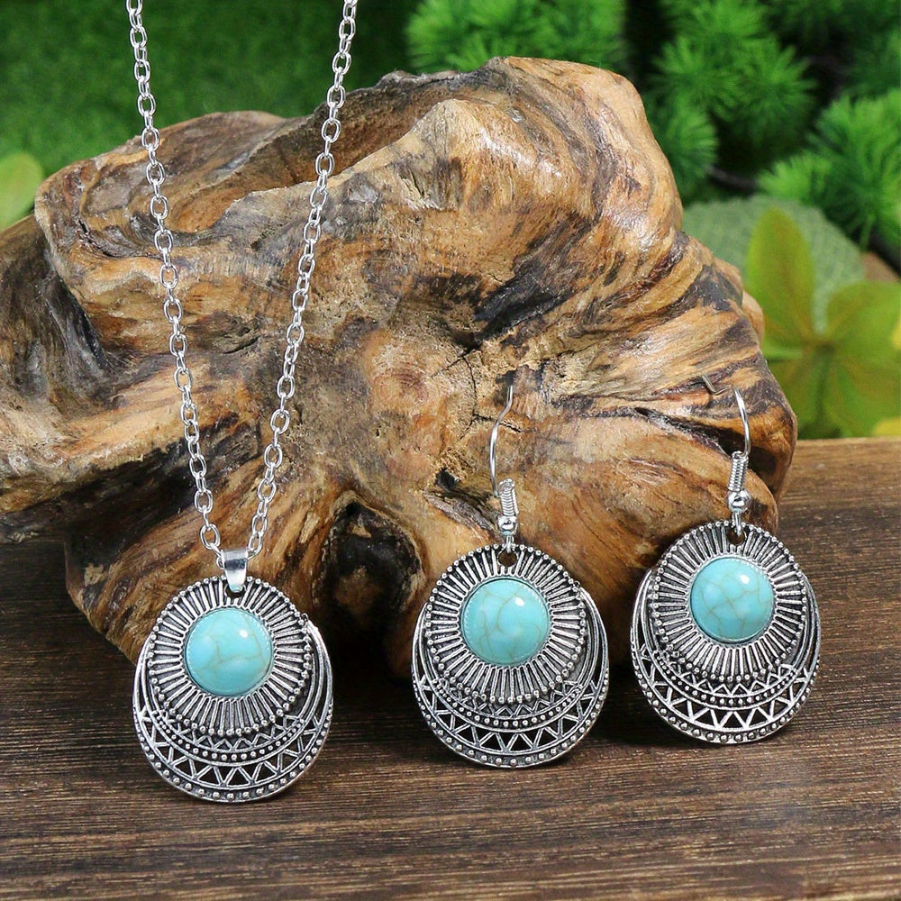 1 Pair Earrings/1 Pair Earrings+1pc Necklace, Retro Ethnic Style Women's Jewelry Set Round Antique Silvery Pendant Geometric Totem Inlaid With Simulated Green Rhinestones Embellished Earrings And Necklace Set